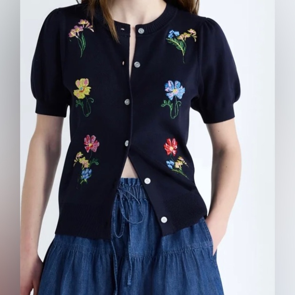 Free Assembly Women's Embroidered Cardigan Sweater with Puff Sleeves